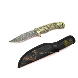 Ловен нож с каучукова дръжка,камуфлажен калъф и шарки дамаска стомана