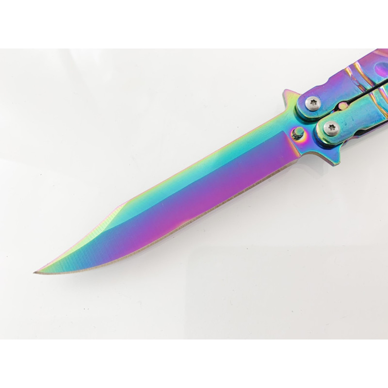 Нож пеперуда остър цвят хамелеон с клипс за носене на колан k-166