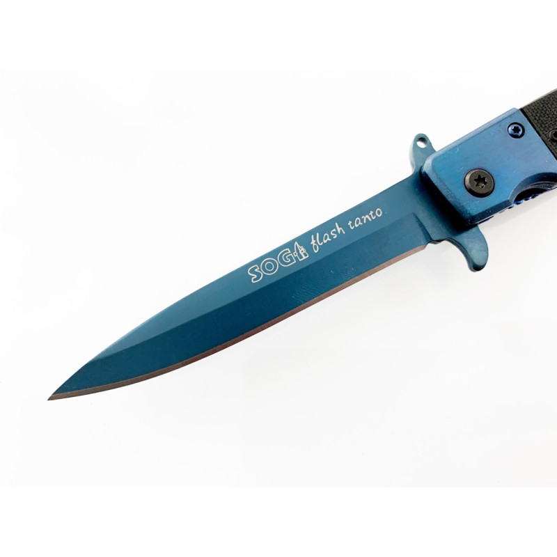 Сгъваем автоматичен нож син цвят дизайн стилето Sog Flash tanto 440 steel