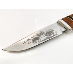 Руски ловен нож с гравирани Глигани на острието стомана 65х13