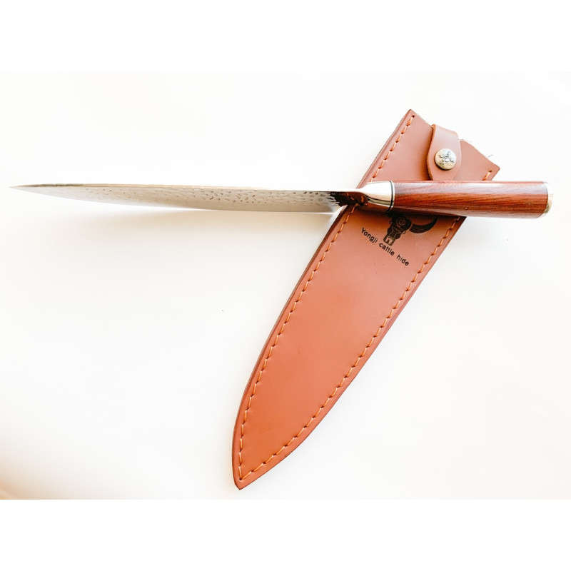 Професионален кухненски нож от дамаска японска стомана и кожена кания