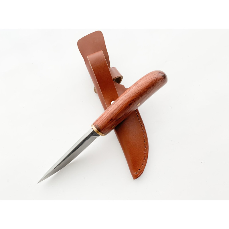 Малко джобно ножче с фиксирано острие ръчна изработка с кожен калъф за носене на колана