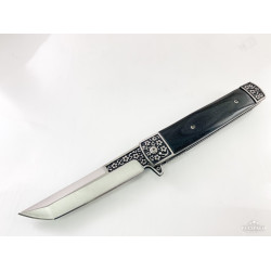 Сгъваем автоматичен джобен нож с черни дървени чирени и танто острие