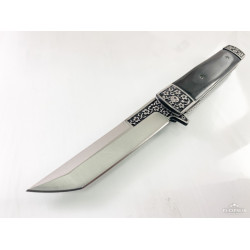 Сгъваем автоматичен джобен нож с черни дървени чирени и танто острие