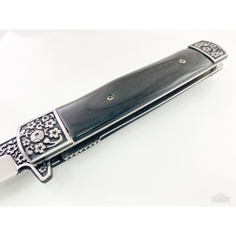 Сгъваем автоматичен джобен нож с черни дървени чирени и танто острие