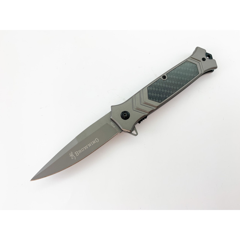 Сгъваем автоматичен нож метален и масивен с карбонови елементи в дръжката Browning F129