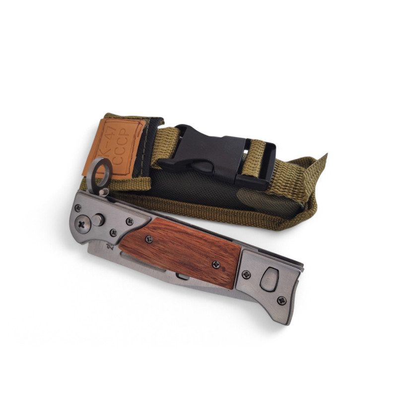 Нож и кания AK-47 стил с дървена инкрустация Сгъваем нож AK-47 стил с разгънато острие и дървени чирени