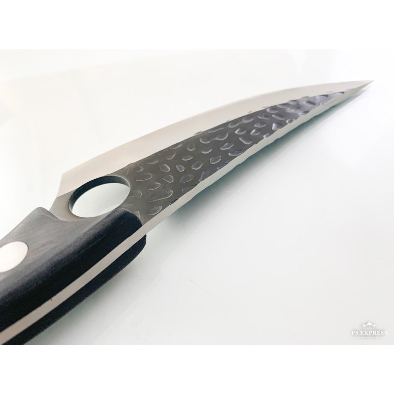 Ловен нож ръчно направен от кована стомана извито острие с тефлоново покритие подходящ за дране
