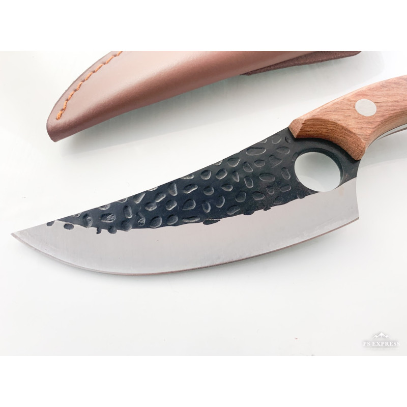 Ловен нож ръчно направен от кована стомана извито острие отвор за пръста подходящ за дране