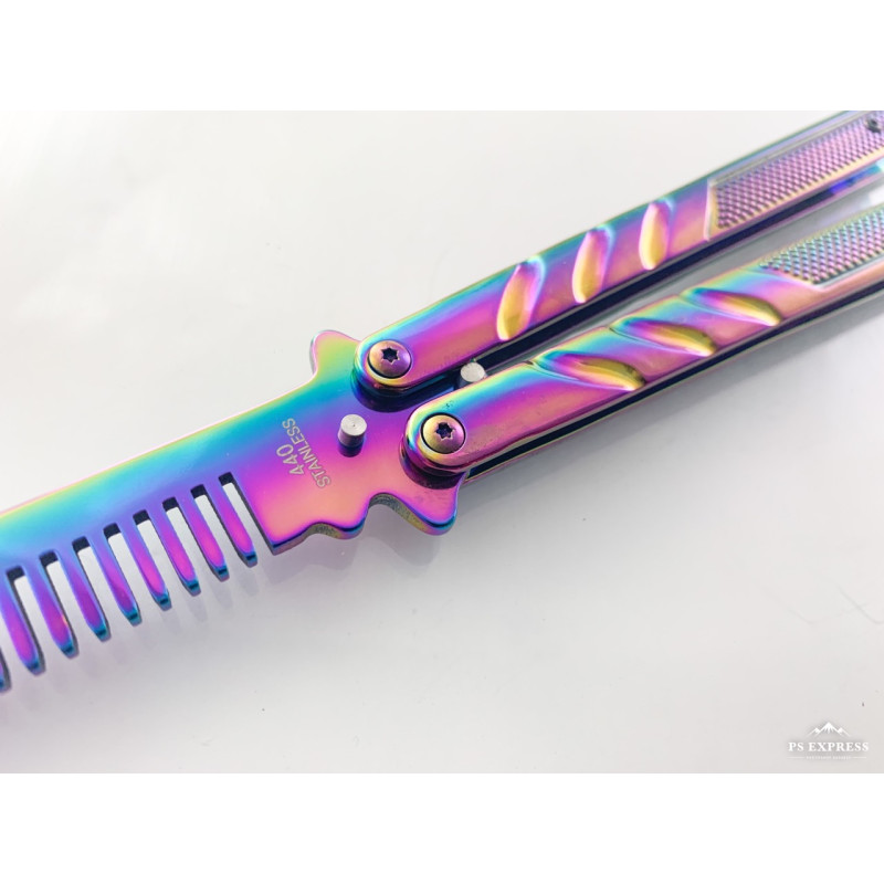 Нож пеперуда гребенче цвят хамелеон подходящ за деца и юноши пружинен механизъм Rainbow футуристичен дизайн