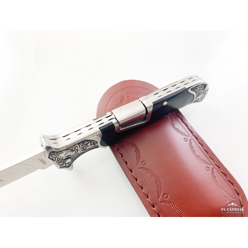 Руски сгъваем джобен нож с кожен калъф Охотник A3207