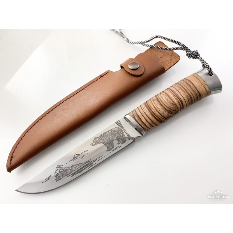 Руски ловен нож с гравирана Мечка на острието сталъ 65 х13