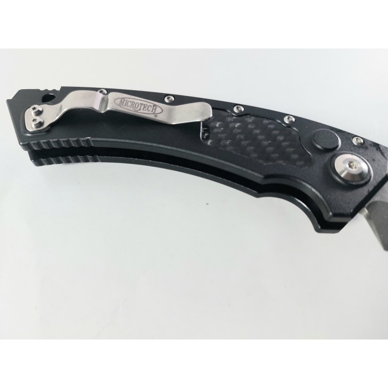 Сгъваем автоматичен нож- Run Hawk - извито острие тип карамбит, черни алуминиеви дръжки с карбонови вложки