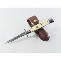 Автоматичен сгъваем джобен нож с кожен калъф АКC Italy змиевидно острие,чирени от бял кориан