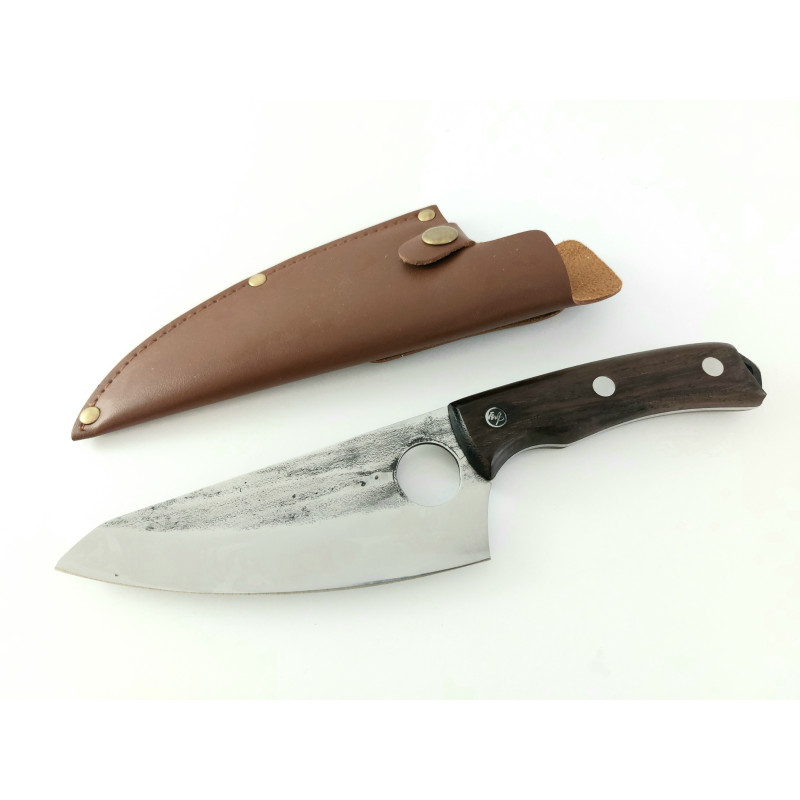 Ловен нож с отвор за пръста ,ръчно кован с дръжка от махагон фултанг