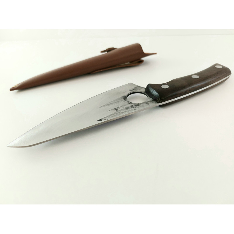 Ловен нож с отвор за пръста ,ръчно кован с дръжка от махагон фултанг