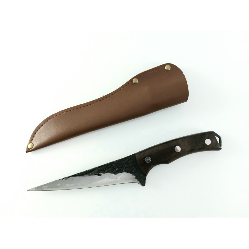 Ловен касапски нож ръчно кован с дръжка от махагон и кожен калъф