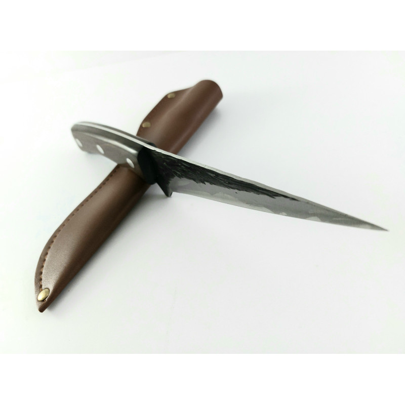Ловен касапски нож ръчно кован с дръжка от махагон и кожен калъф