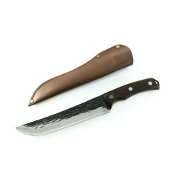 Ловен касапски нож фултанг с кожен калъф  ръчно кован с дръжка от махагон