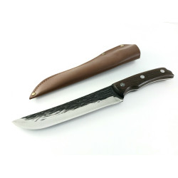 Ловен касапски нож фултанг с кожен калъф  ръчно кован с дръжка от махагон