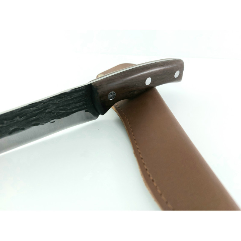 Ловен касапски нож фултанг с кожен калъф  ръчно кован с дръжка от махагон
