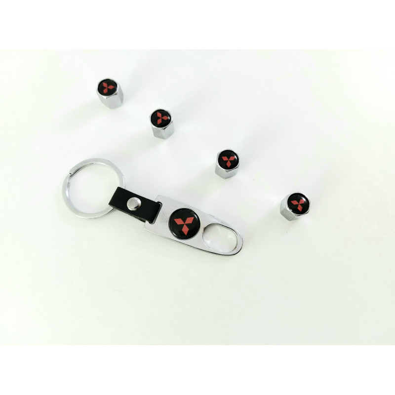 Ключодържател с 4 бр капачки за винтилите/ вентили Mitsubishi / Мицубиши - черно сребрист цвят