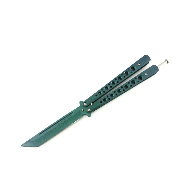 Масивен метален нож пеперуда - танто острие остър - пружинен механизъм - електриково зелено