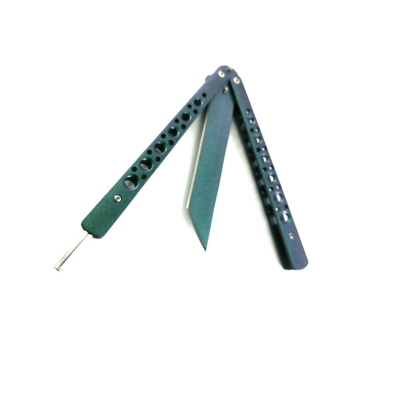Масивен метален нож пеперуда - танто острие остър - пружинен механизъм - електриково зелено