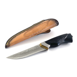 Ловен нож от японска дамаска стомана с дръжка инкрустация  Череп на Врана