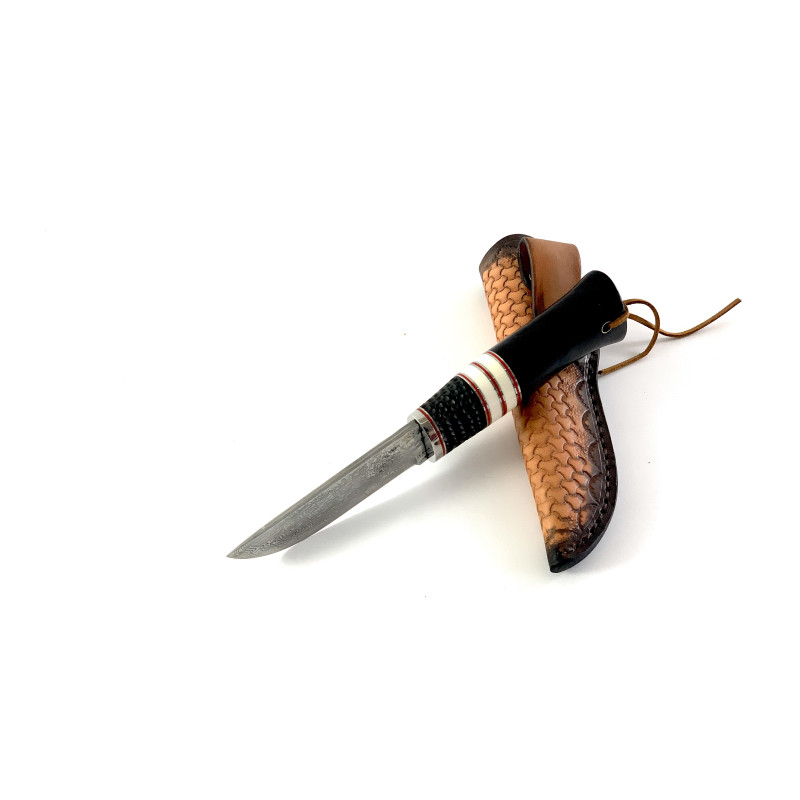 Ръчно изработен ловен нож BigCat Damascus, нож Bushcraft с  кожена кания