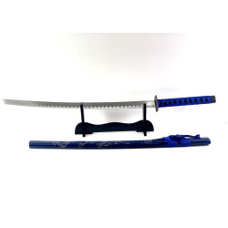 Меч катана син дракон сувенирен незаточен,дървена стойка  за колекция или подарък