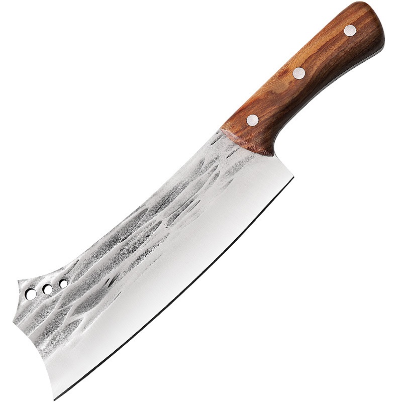 Сатър за обезкостяване с hammered текстура и кожена кания Дръжка на сатър „Iron Fang“ от полиранo дърво с три нита