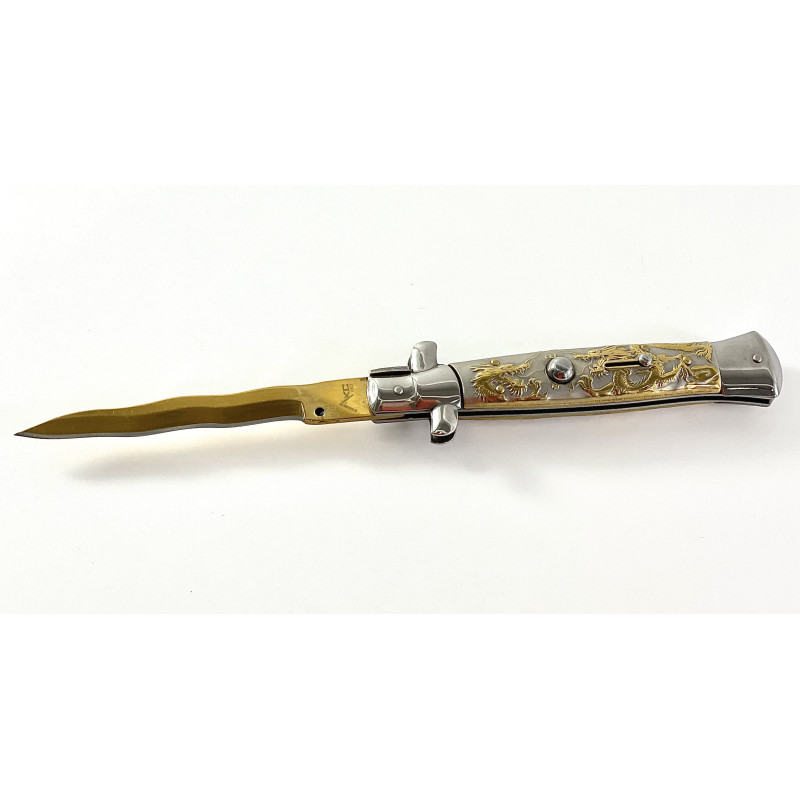 Автоматичен сгъваем джобен нож с кожен калъф АК Gold Dragon змиевидно острие