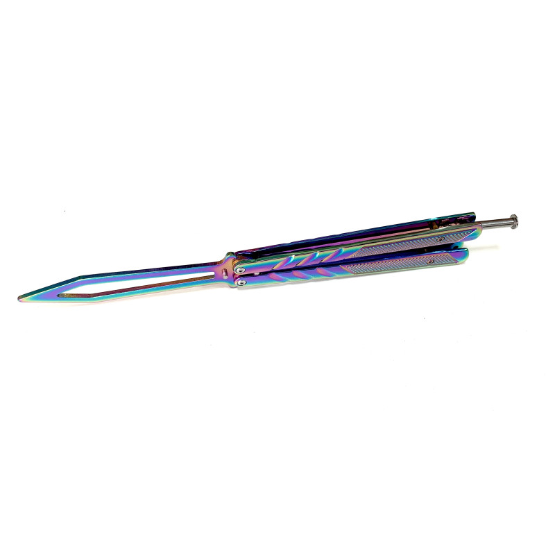 Масивен метален нож пеперуда за тренировка пружинен механизъм Rainbow футуристичен дизайн