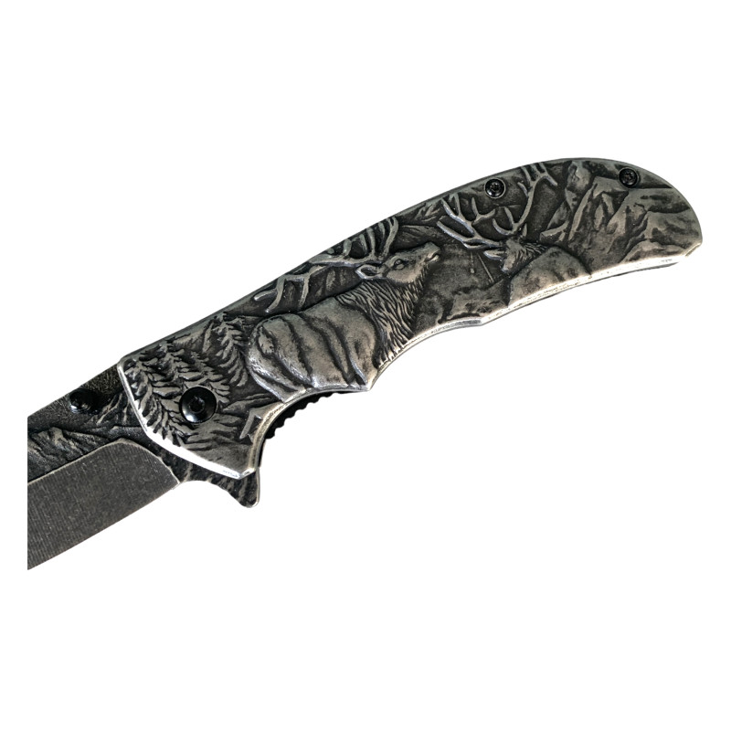 Метален сгъваем полуавтоматичен джобен нож с острие DROP POINT и гравирани благородни елени