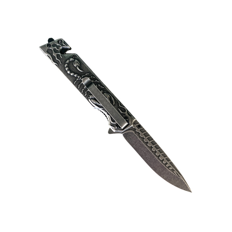 Метален сгъваем полуавтоматичен джобен нож с острие Clip Point и гравирано изображение на скорпион
