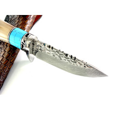 Ръчно направен ловен нож от дамаска стомана,дръжка от елонов рог