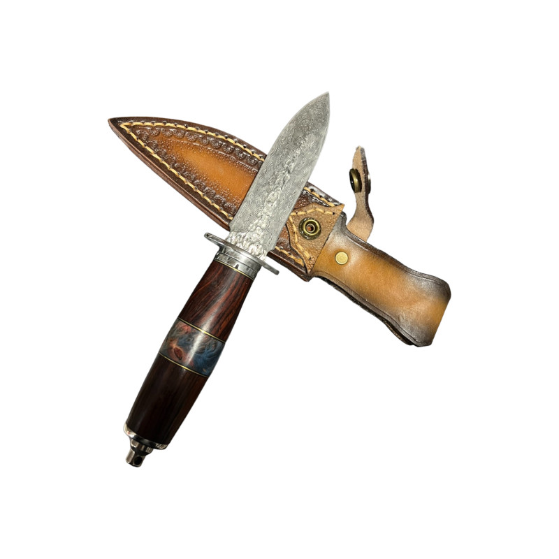 Нож Дамаска стомана тип  кама с декорирана кожена кания