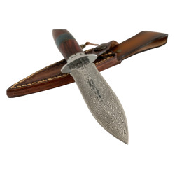 Нож Дамаска стомана тип  кама с декорирана кожена кания