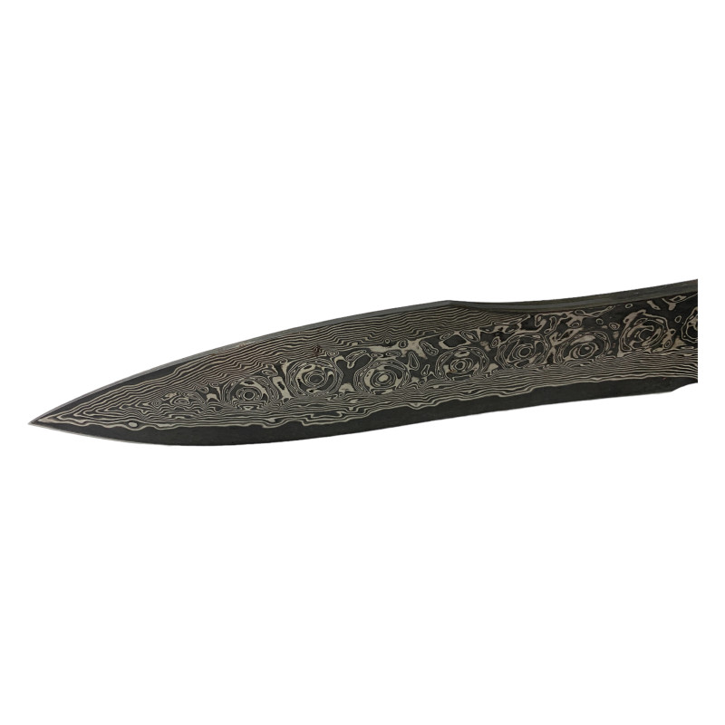 Ръчно изработен тактически нож с дамаска стомана и кожен калъф с мотив череп