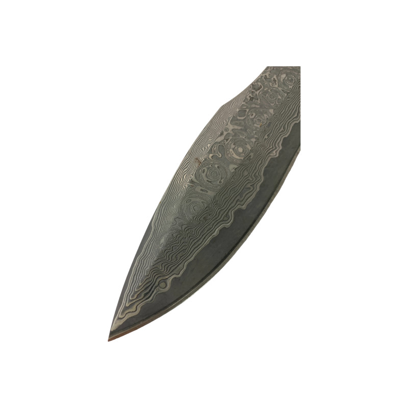 Ръчно изработен тактически нож с дамаска стомана и кожен калъф с мотив череп