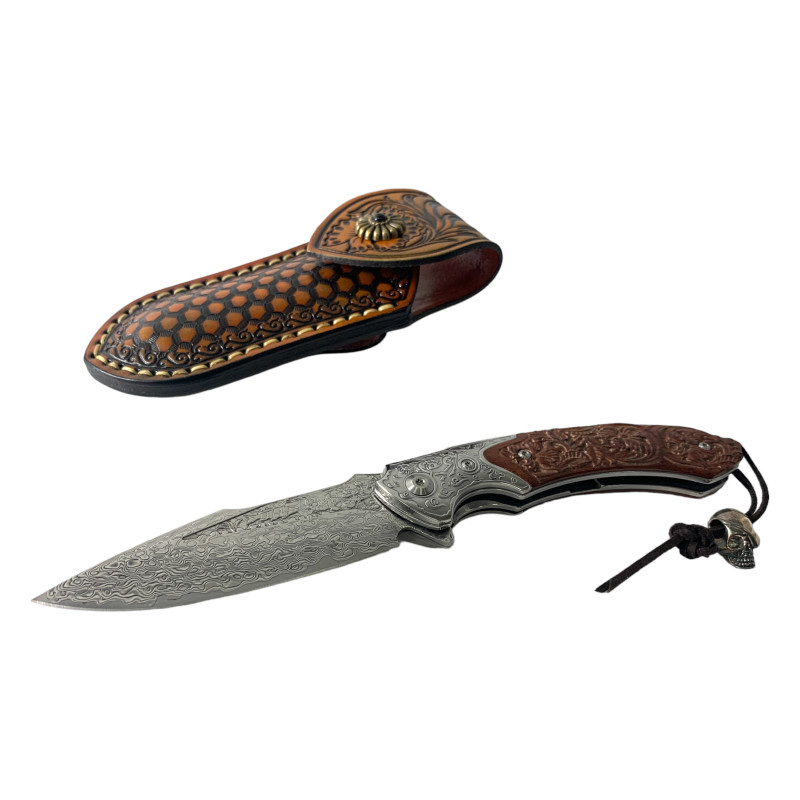 Дизайнерски сгъваем нож с дамаска стомана и орнаментиран кожен калъф