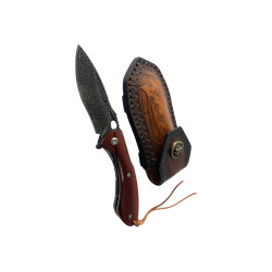 Артистичен сгъваем нож с дамаска стомана и ръчно изработен кожен калъф