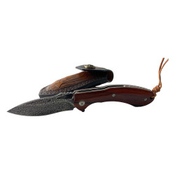Артистичен сгъваем нож с дамаска стомана и ръчно изработен кожен калъф