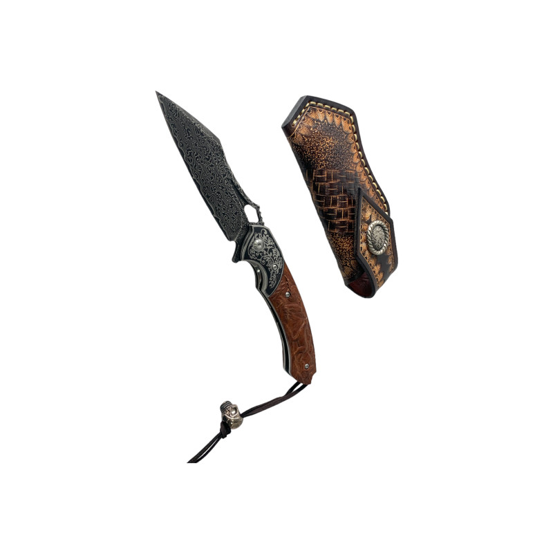 Луксозен сгъваем нож с дамаска стомана и ръчно изработен кожен калъф с украшения