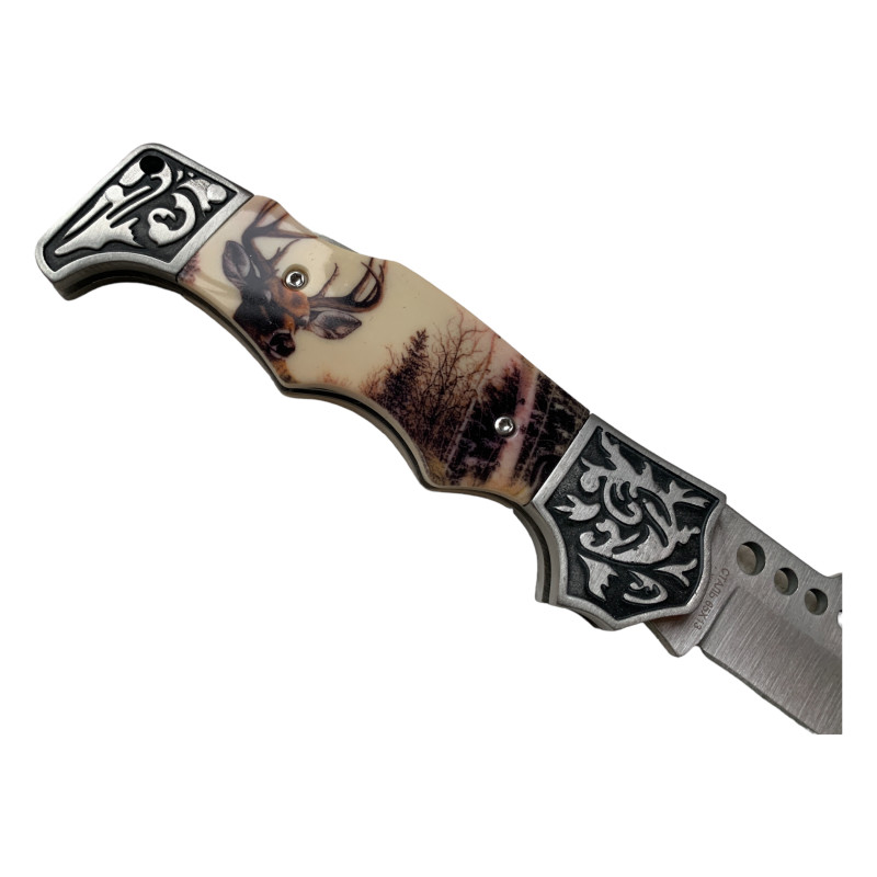 Тематичен сгъваем нож с дизайн на елен и украса в стил татуировка, със защитен найлонов калъф
