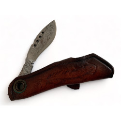 Дамаски сгъваем нож за прецизно рязане с ръчно изработен кожен калъф