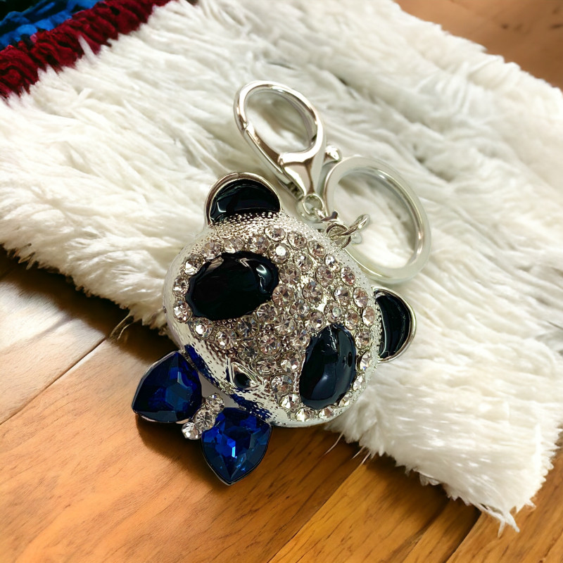Ключодържател с бухал, декориран с черни и сини кристали