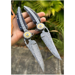 Сгъваем полуавтоматичен флипер нож с дамаско острие и луксозна кожена кания – 21 см, 59 HRC