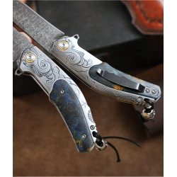 Сгъваем полуавтоматичен нож с дамаско острие, кориан дръжка и кожена кания – 20,2 см